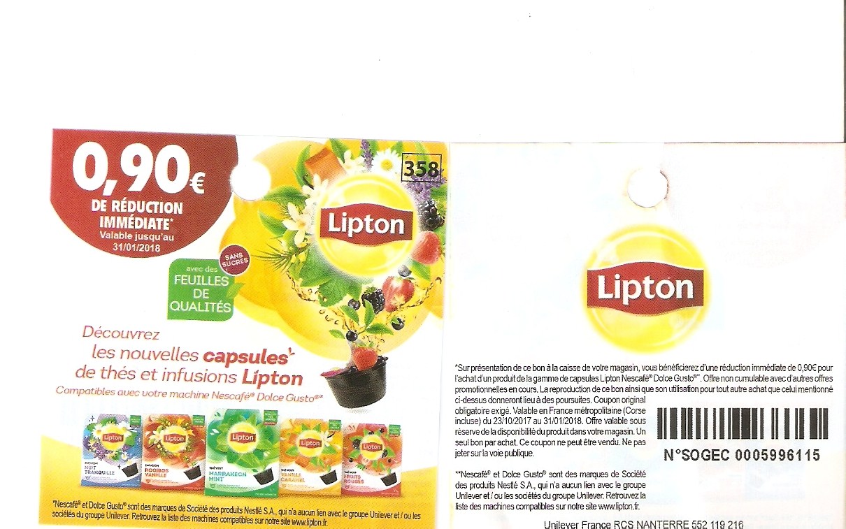 bdr 0.90 € 1 produit gamme capsules Lipton Nescafé Dolce Gusto (31/01/2018)