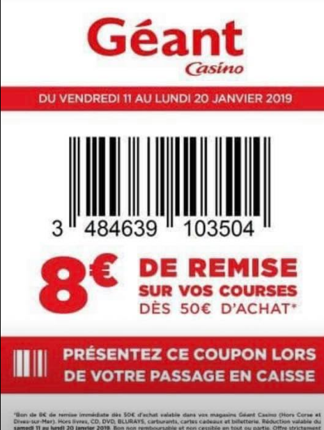 Bon de réduction Géant 8€/50€ (20/01)