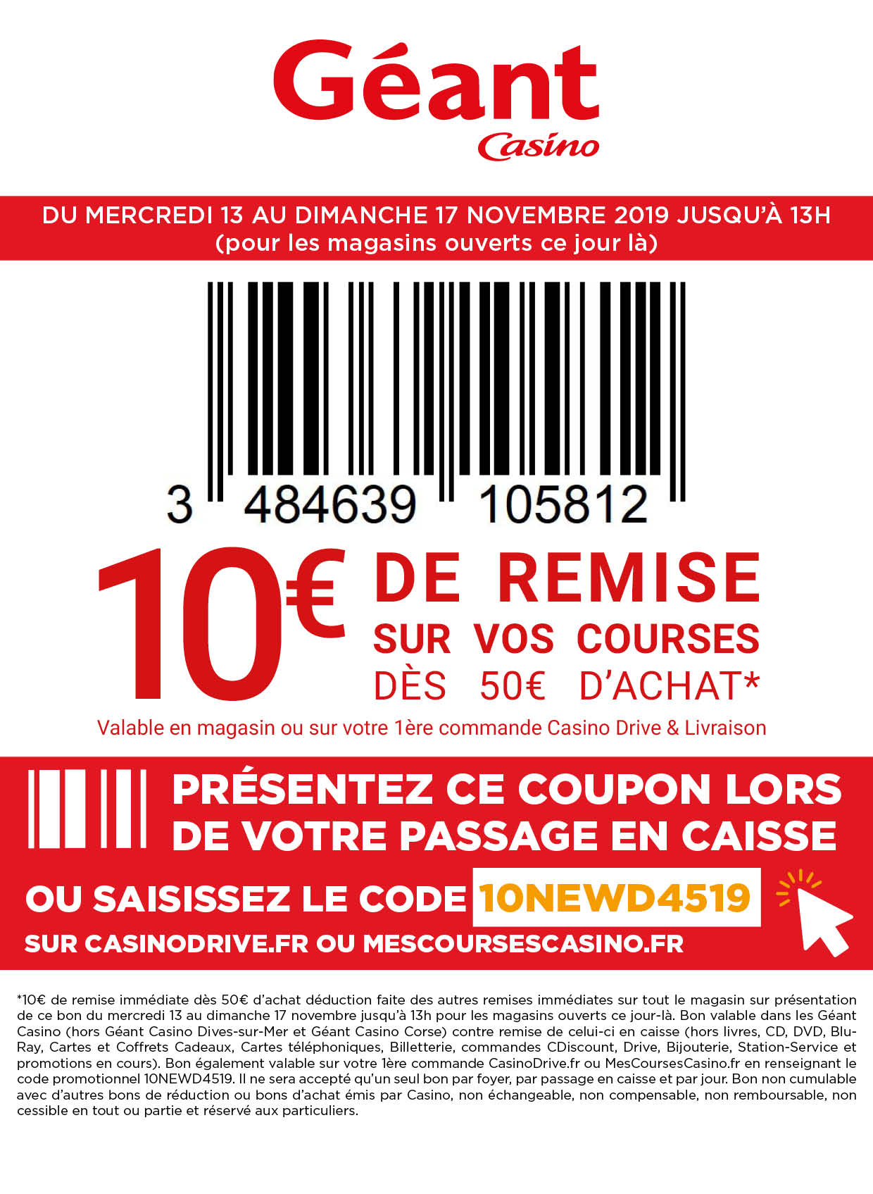 Géant Casino : Bon de 10€ pour 50€ d'achat (17/11)