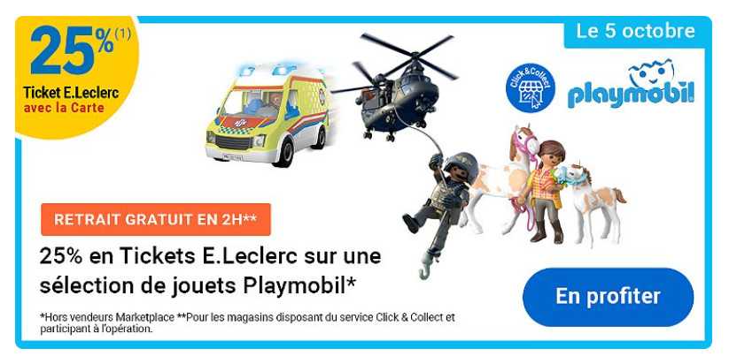 Leclerc : 25% en tickets E.Leclerc sur les jouets Playmobil (le 05/10)