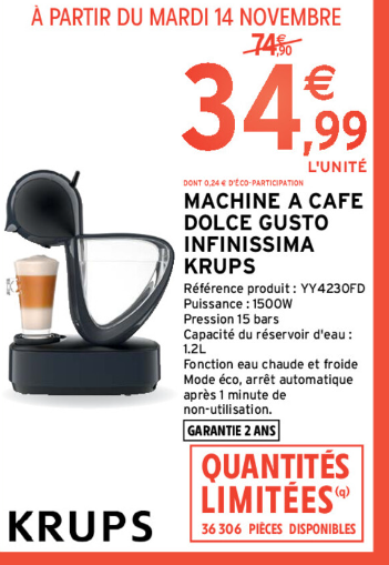 Intermarché : Machine à café DOLCE GUSTO Infinissima à 34,90€ (14/11 -  19/11)